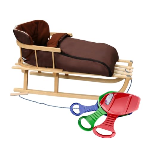 BirnePower Holzschlitten 90cm mit Rückenlehne und Winterfußsack 90cm in Braun Komplettset inkl. Zugseil & Gurt Rodelschlitten aus Buchenholz (Braun 90cm)