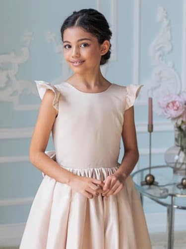 Satin Ruffle Sleeve Flower Girl Dress for Wedding Bow Knot Crew Neck V-Back Long Ball Gowns Pageant Princess Dress4