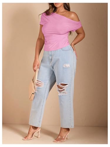 WDIRARA Women's Plus Size Off Shoulder Tee Shirt Ruched Asymmetrical Short Sleeve Tops4