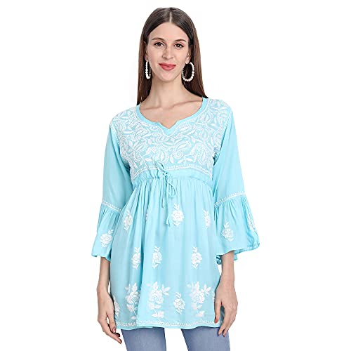 Image of indiankala4u Lucknow Chikankari Hand Embroidered Fit and Flared Top, Short Kurti for Women, Modal Cotton