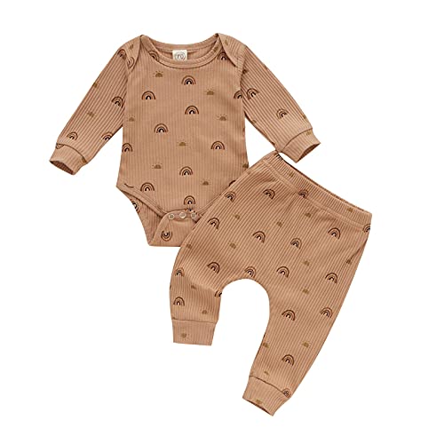Image of Kupretty Newborn Baby Boy Girl Ribbed Rainbow Clothes Knit Long Sleeve Romper Pants Unisex Infant Fall Winter Outfits ( Rainbow Sunshine Knit Khaki Set, 0-3 Months )