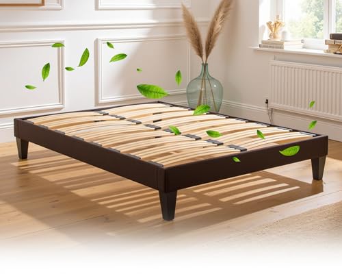 Maison Aubertin Sommier en Kit Tissu Gris - 140 x 190 cm à Latte 2 Personnes en Bois Massif,...