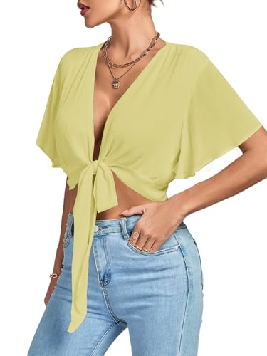 Image of LYANER Women's Sexy Deep V Neck Tie Front Wrap Cropped Blouse Bell Short Sleeve Ruffle Crop Tops