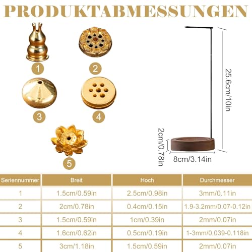 7-in-1 Räucherstäbchen Halter, Inklusive Metallhalter mit Holzbasis & 5 Räucherstäbchenhalter, Umgedrehter Incense Holder für Yoga, Meditation, Aromatherapie, Raumdekoration, Büro & Schlafzimmer