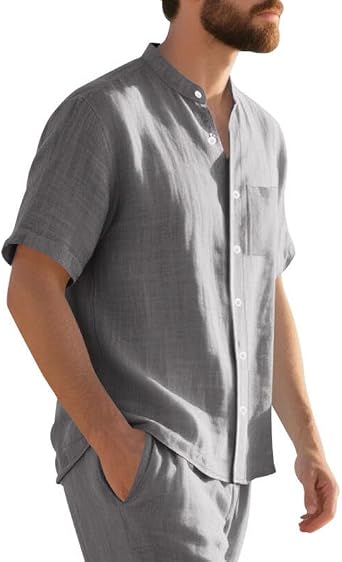 LIZALIG Mens Casual Cotton-Linen Shirt Short-Sleeved Button-Down Breathable Business Shirts with Pocket for Vacations