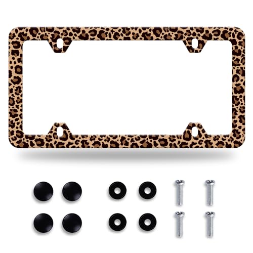 Brown Leopard License Plate Frame 1 Pack Stainless Steel Cheetah Leopard Brown Car License Plate Accessory Personalize Decor 12.3 X 6.3 with 4 Holes Screw for Men Women