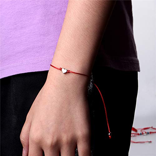 Kelistom 6Pcs Red/Black String Silver Plated Heart Charm Bracelets For Women Men Teen Girls Boys Handmade Braided Wax Rope Adjustable Bracelet Friendship Jewelry Storage Bag (6Pcs Red String) #TOP2
