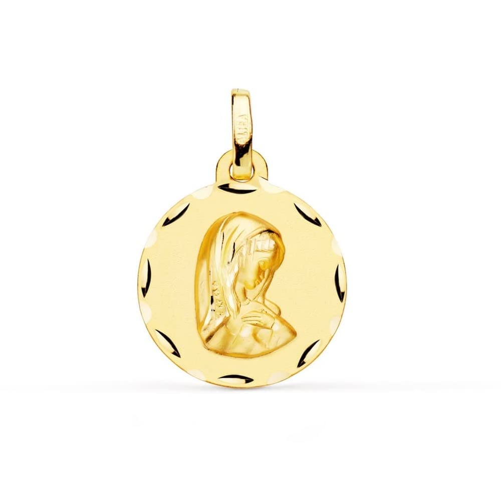 Virgen Niña medalla oro 18k Primera Comunión colgante 16mm. detalles tallados bisel