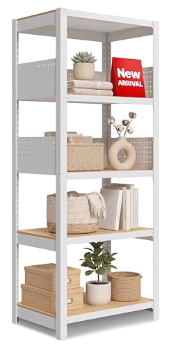 HOMEDANT House パンチングパネル棚組立簡単パンチングボード有孔ボードフック対応 スチールラック 5段 幅60 奥行40 高さ150 ホワイト ラミネートホームダント高さ調整可能 収納棚 キッチン リビング 書斎 玄関 室内用の商品画像（Amazon）