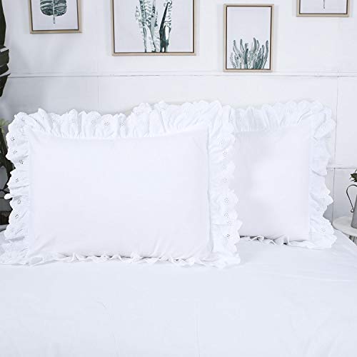 YINFUNG Eyelet Pillow Shams White Lace Ruffled Standard Shabby Chic Set of 2 Pillowcases Scalloped Farmhouse Country French Pretty Girls Cute Ruffle Embroidered 2 Pieces 20×26 Vintage Cotton 100%