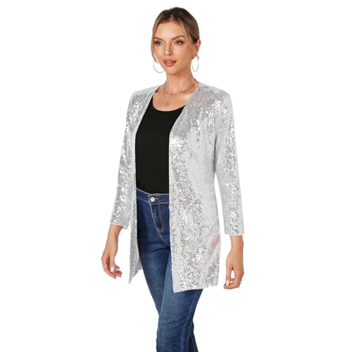 Women's Sequin Jacket Long Sleeve Open Front Blazer Glitter Sparkly Coat Party Casual Cardigan2