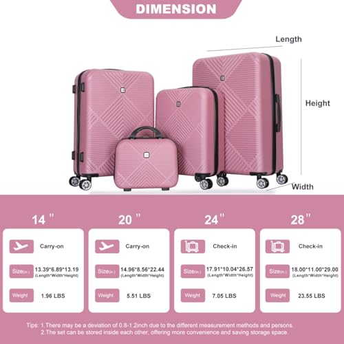 4 Piece ABS Luggage Cases Light DURABLE AND RELIABLE Suitcase, 14 Inch Makeup Box, Aircraft Wheels (14/20/24/28) (Pink)4