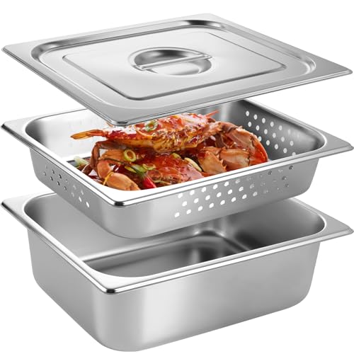 3 Pack Half Size 4 Inch Hotel Pan with Lids 2.6 Inch Perforated Steam Pan Stainless Steel Restaurant Pans for Restaurants, Cafeteria, Kitchen