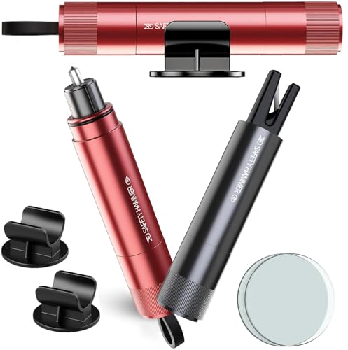Car Safety Hammer 2 Pcs Window Glass Breaker, Emergency Car Window Breaker Seat Belt Cutter with Test Glass for All Vehicles, Red and Black