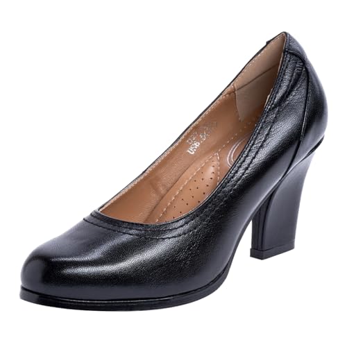 Mona flying Women's Leather Closed Round Toe 3 inch Chunky High Heel Pumps Formal Court Shoes Office Work Dress Shoes for Ladies
