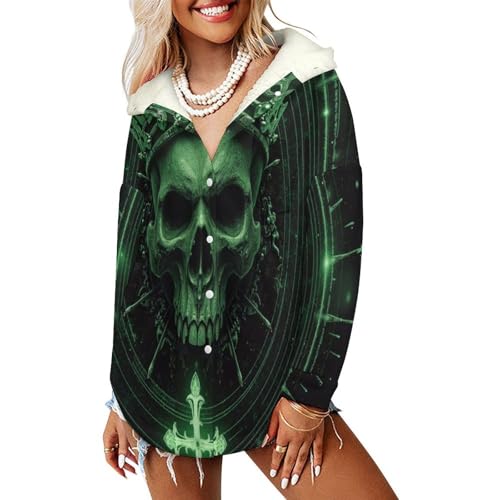Blouson femme hiver crâne vert à capuche polaire mi-longue