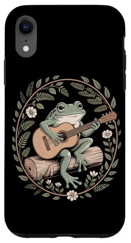 田園ノスタルジア コテージコア カエル フォークギター 木の丸太 野花と葉飾り 自然の静けさ スマホケース iPhone XR 用