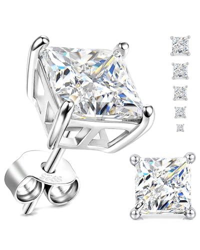 EIoways Moissanite Stud Earrings D Color VVS1 Sterling Silver Push Back 3-7mm for Women and Men (Silver - Princess Cut 3mm-0.3CTW)