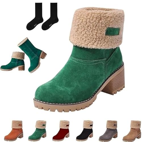 Pubyfun Senior Comfy Winter Ankle Boots Women, Suede Round Toe Chunky Block Mid Heel Platform Warm Snow Short Booties, Comfortable Slip On Snow Boots