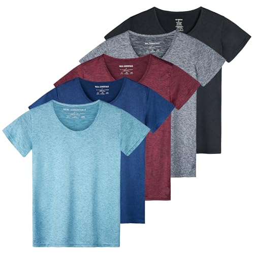 Real Essentials 5 Pack: Women's Short Sleeve T-Shirts Workout Tops Fitness Pilates Gym Activewear Athletic (Plus Available), Set 8, 3X, Pack of 5