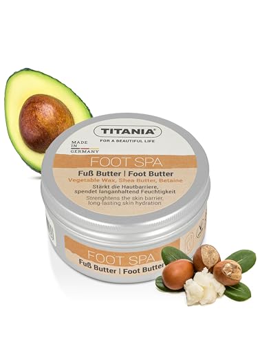 TITANIA Fußbutter für trockene Füße, Intensivpflege & Fußmaske mit Sheabutter & Avocadoöl - Cosmos Natural zertifiziert, Fußcreme Vegan, Soft Feet Effekt, 100 ml