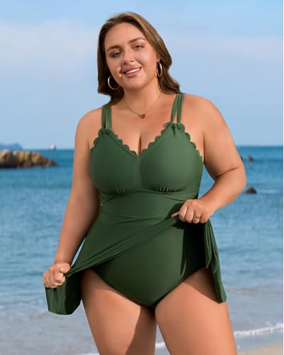 Image of Charmo Plus Size Swimsuit for Women Swim Dress Scalloped One Piece Tummy Control Bathing Suit Ruched Swim Suits 2026