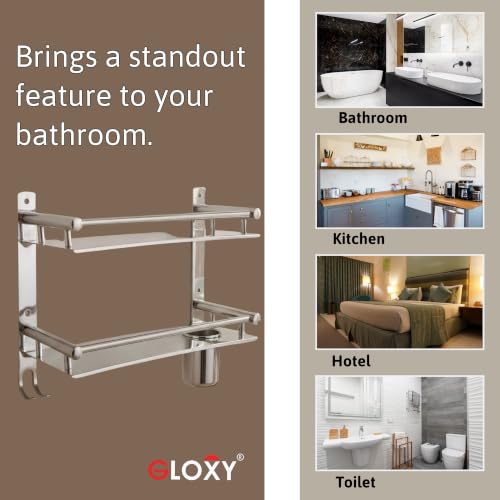 Image of GLOXY Premium 2 Tier Bathroom Stainless Steel Shelf with Toothbrush Holder, Soap Dish - Chrome Finish Wall Mounted 2 Layer Shelf with Multipurpose Hooks for Bathroom - Home Decor Bathroom Accessories