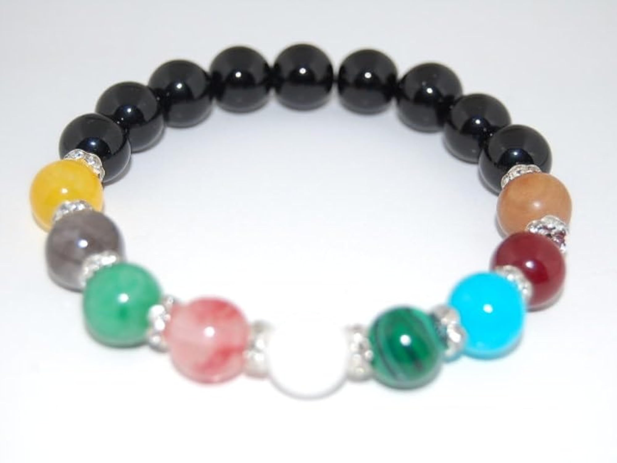 Natural 7 Chakra & Black Tourmaline 12mm Stretch Bracelet, Unisex Gift