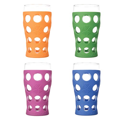 Lifefactory 20-Ounce Indoor/Outdoor Protective Silicone Sleeve Beverage Glass, 4-Pack, Orange, Grass Green, Cobalt, Huckleberry,LF340400C4