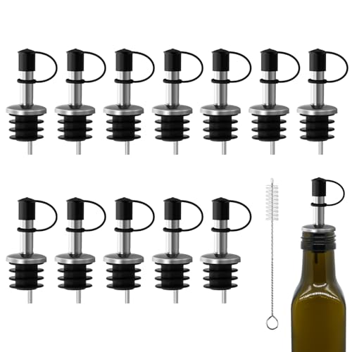 12Pcs Stainless Steel Bottle Pourers, Small Hole Bottle Olive Oil Spout with Rubber Dust Caps, Wine Pourers Liquor Pour Spouts for Pours Liquid, Wine, Vinegar, Most Liquor Bottles