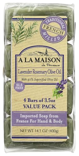 A LA MAISON Lavender Rosemary Olive Oil Bar Soap - Triple French Milled Natural Moisturizing Hand Soap Bar (4 Bars of Soap 3.5 oz)