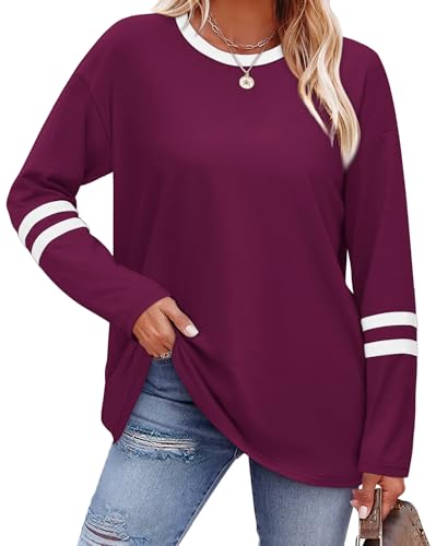 Image of Sampeel Long Sleeve Shirts for Women Color Block Casual Tops Fall Outfits 2026 Basic Tees Trendy Spring Clothes