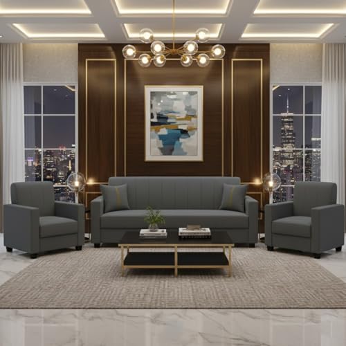 Image of FURNY Cosmos 5 Seater Fabric 3+1+1 Sofa Set (Dark Grey) Premium Velvet Finish | Durable Comfort | Ideal for Living Room