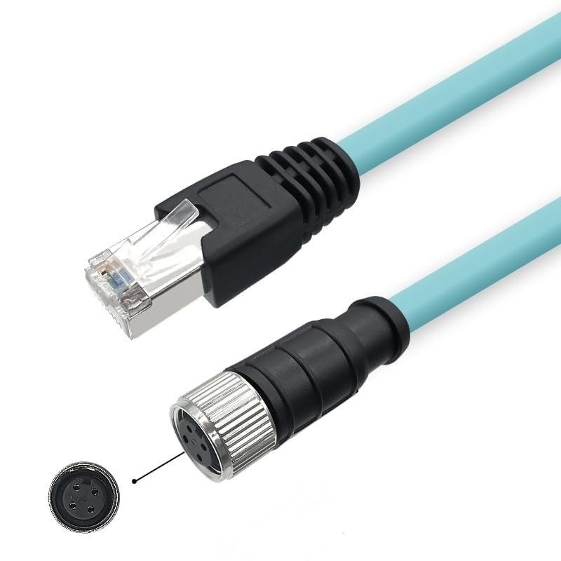 M12 to RJ45 Cat7 Ethernet Cable, 10Gbps 10 Gigabit, High Flexible PUR Jacket, Shielded Twisted Pair (STP) for Industrial Automation (4 Pin A-Code Female to RJ45, 1 Meter)