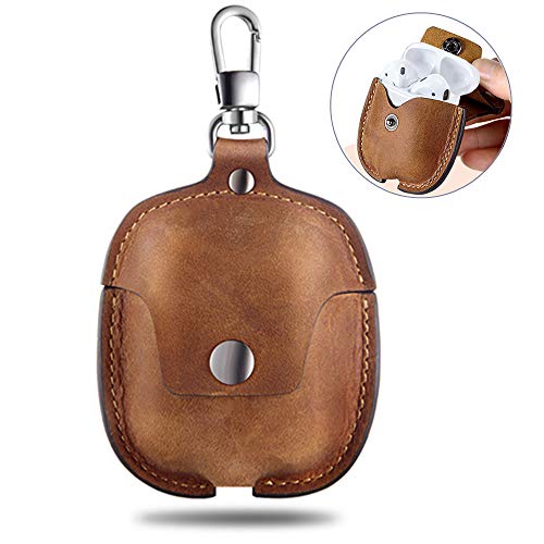 AirPods Case Leather Genuine Leather Protective Portable Shockproof Cover with Key Chain Compatible