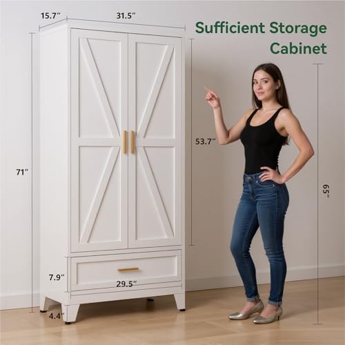 Image of Bevivog Farmhouse Metal Storage Cabinet with 4 Shelves, 71 inch Tall Shelf Cabinets with 2 Barn Doors & Drawer, 31.5 inch Wide Storage Cabinet with Doors for Office /Pantry /Bathroom