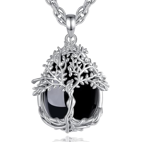 AEONSLOVE Collier Arbre de Vie avec Obsidienne Pendentif en Cristal Femme Pendentif Arbre de Vie Collier Obsidienne Naturelle Bijoux Cristaux de Guérison...