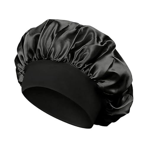 ACKKOR Silk Bonnet Men Bonnet for Men Black with Soft Elastic Band Hair Bonnet for Sleeping Cap with Wide Band Reversible Satin for Night & Day