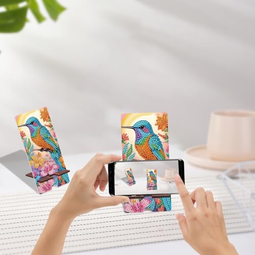 Image of Hummingbird Diamond Painting Phone Stand with Mirror, Floral DIY Wooden Diamond Art Desktop Holder, 2-in-1 Multi-Functional Diamond Painting Tabletop Ornament for Home and Office