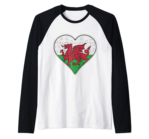 Wales Welsh Flag Heart Raglan Baseball Tee, Black