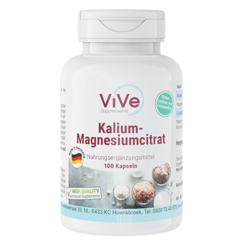 Kalium-Magnesiumcitrat - 100 vegane Kapseln - essentielle Mineralstoffe - gut bioverfügbar - sichere Dosierung | Qualität aus Deutschland von ViVe Supplements