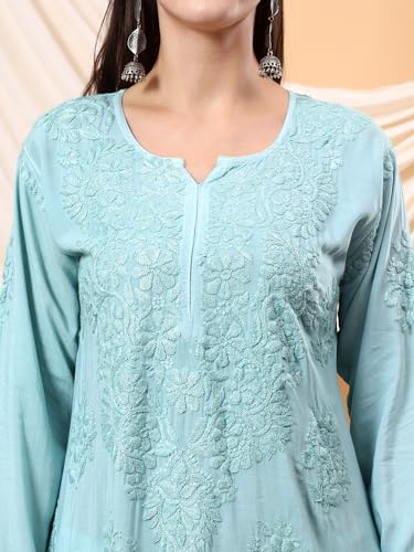 Image of POSHAK CHIKAN STUDIO Women's Hand Embroidered Lucknowi Chikankari Modal Straight Long Kurta, heer
