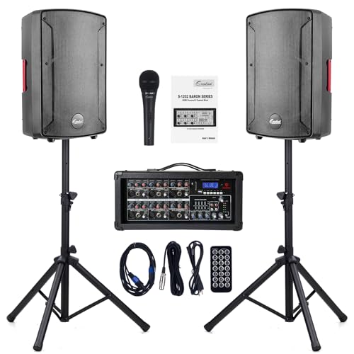 EXOTON S-1202 12inch 2000W Bluetooth PA System with Powered Mixer Set, Passive Speakers with 6...
