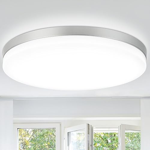 DLLT 24W Modern Dimmable Led Flush Mount Ceiling Light Fixture, 13 Inch Silver Round Close to Ceiling Lights for Bedroom, Kitchen, Dining Room, Living Room 3000K-6000K 5 Light Color Adjustable