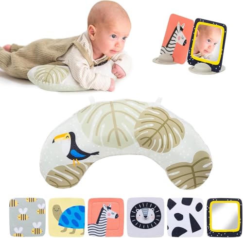 Image of Taf Toys Tummy Time Set with Ergonomic Cushion, Double-Sided High Contrast Black & White Flash Cards & Mirror Card, Developmental Baby Play Mat Accessories & Card Stands for Newborn Infant Tummy Time