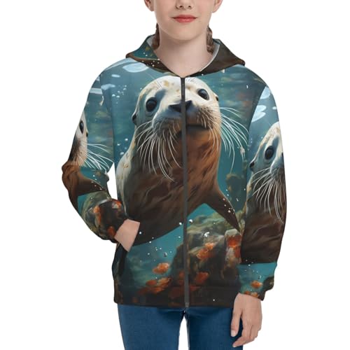 Seal pup in water Print Girls Athletic Zip Up Hoodies,Sweatshirts with Pockets Long Sleeve Hooded Jackets, for 7-18 Y2