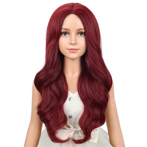 Image of PATTNIUM Wine Red Wig for Kids Girls Long Curly Wigs Burgundy Middle Part Heat Resistant Synthetic Wigs with Wig Cap