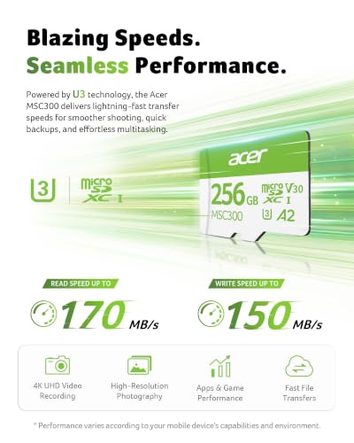 Image of Acer MSC300 Micro SD Memory Cards, 256GB SDXC TF Card 160MB /s UHS-I, A2, V30, 4K Extra Storage for Nintendo-Switch, Android Phones, Gopro, Amazon Fire Kids Tablet - BL.9BWWA.323