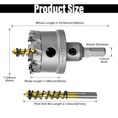 Image of SALI 1-3 /4 inch (45mm) TCT Hole Saw Kit Tungsten Carbide Tipped Hole Saw Drill Bit with Titanium-Plated Pilot Drill bit for Metal, Stainless Steel, Iron, Wood, Plastic 2pcs