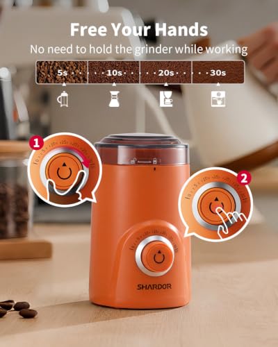 Image of SHARDOR Electric Coffee Grinder, 70g Large Capacity Spice Grinder with Visual Timing Knob for Precise Grind, Quiet Coffee Bean Grinder for Espresso, French Press, Herbs and Grains, Orange